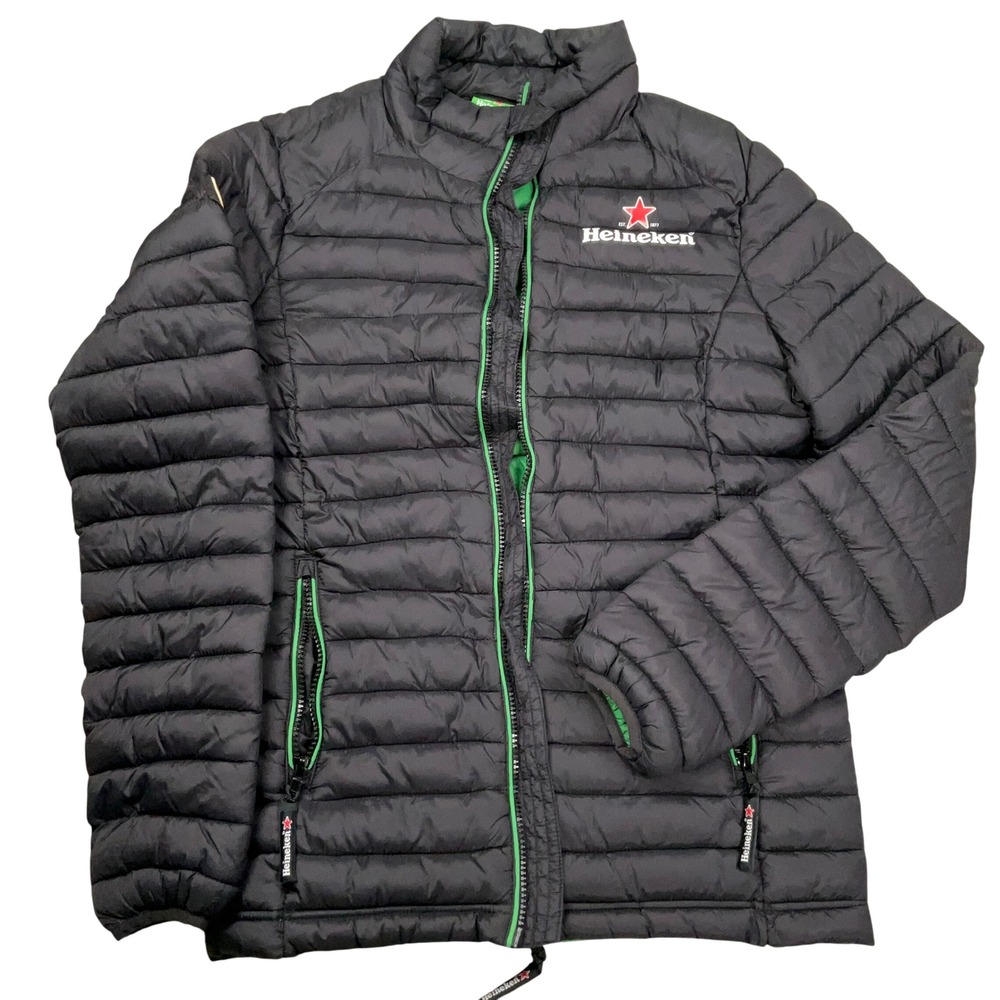 Heineken Puffer Jacket Men XS Black Lightweight Quilted Logo Zip Gorpcore Beer